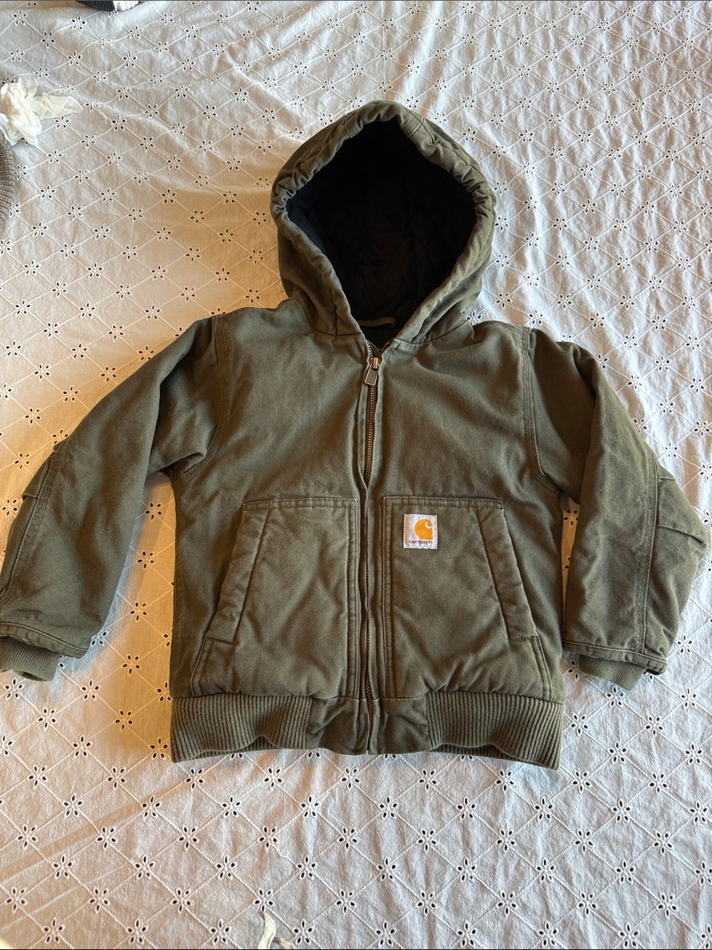 Carhartt Kids Olive Hooded Zip Jacket with Logo Patch